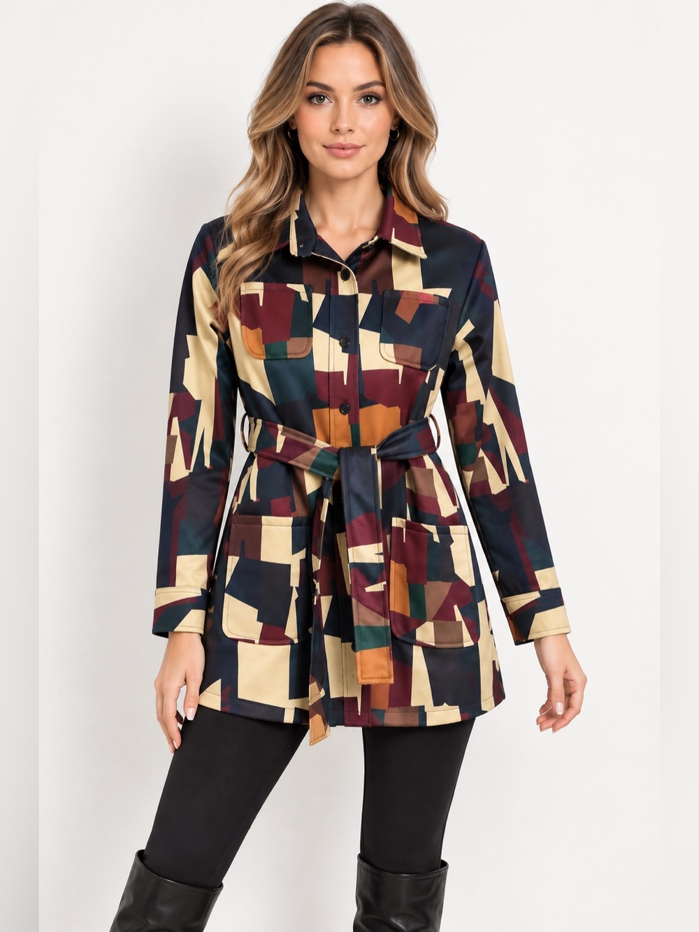 California‎ Jacket Sz Small Abstract Art to Wear Patchwork Pea Coat Blazer Retro